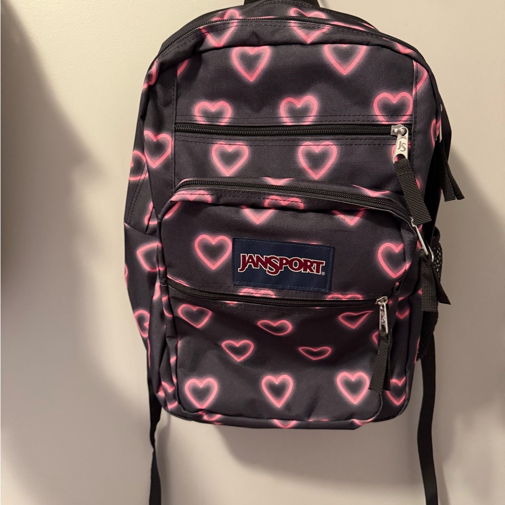 Jansport Black Backpack with Pink Heart Design